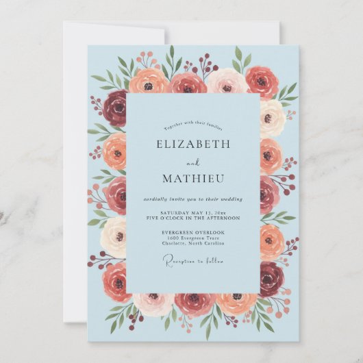 Hellblaue florale Hochzeit Einladung (Vorderseite)
