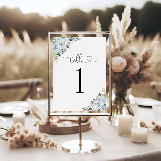 Hellblaue florale Hochzeitstisch-Nummernkarte
