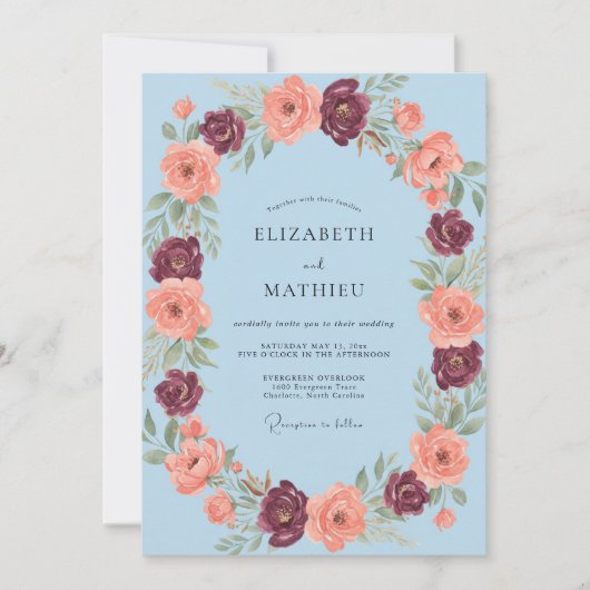 Hellblaue florale romantische Hochzeit Einladung (Vorderseite)