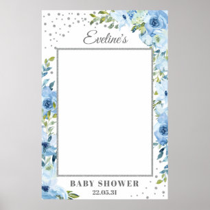 Hellblaue florale silberne Babyparty-Fotorequisite Poster