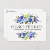 Hellblaue gelbe Blumen WEDD ÄNDERN DAS DATUM Ankündigungspostkarte (Vorne/Hinten)