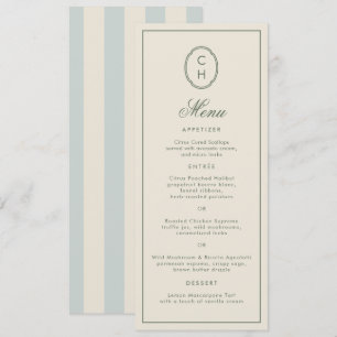 Hellblaue gestreifte Monogramm-Hochzeitsmenükarte Einladung