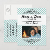 Hellblaue, gestreifte Save the Date Postkarte (Vorne/Hinten)