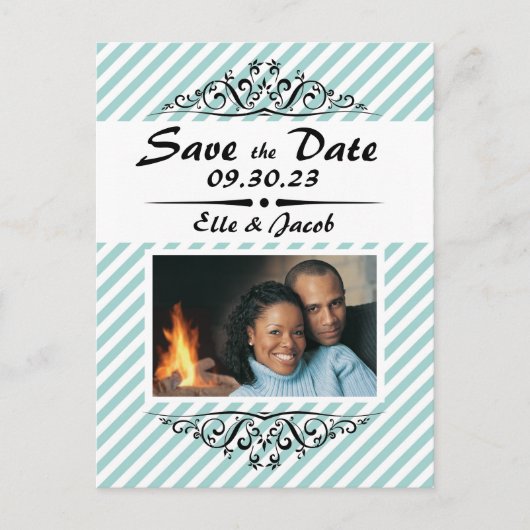 Hellblaue, gestreifte Save the Date Postkarte (Vorderseite)