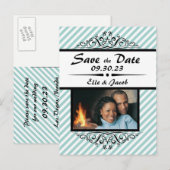 Hellblaue, gestreifte Save the Date Postkarte (Vorne/Hinten)