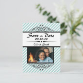 Hellblaue, gestreifte Save the Date Postkarte (Stehend Vorderseite)