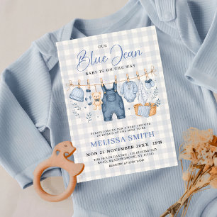 Hellblaue Gingham-Blaujeans-Baby-Denim-Party Einladung