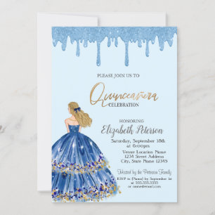 Hellblaue Glittertropfen, Kleid Mädchen Quinceaner Einladung