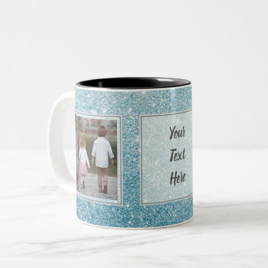 Hellblaue Glitzer-Bilder u. Text-Entwurf Ihre Zweifarbige Tasse (Vorderseite Links)