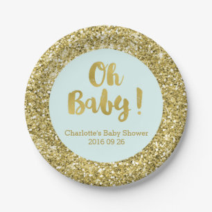 Hellblaue GoldGlitzer-oh Baby-Baby-Duschen-Platte Pappteller