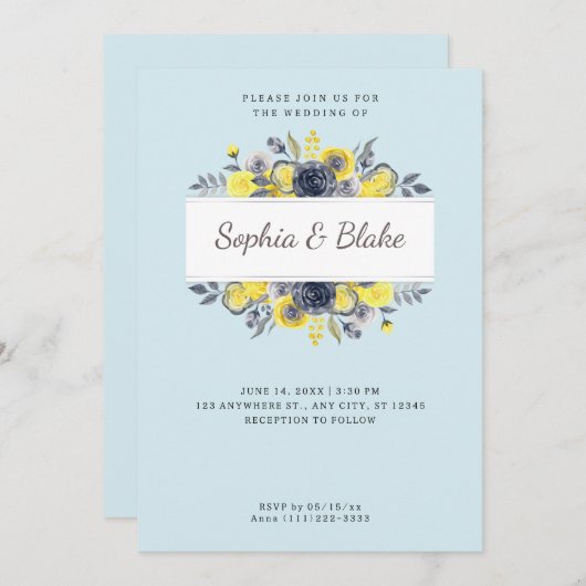 Hellblaue Hochzeit in Gelb und Blau Einladung (Vorne/Hinten)