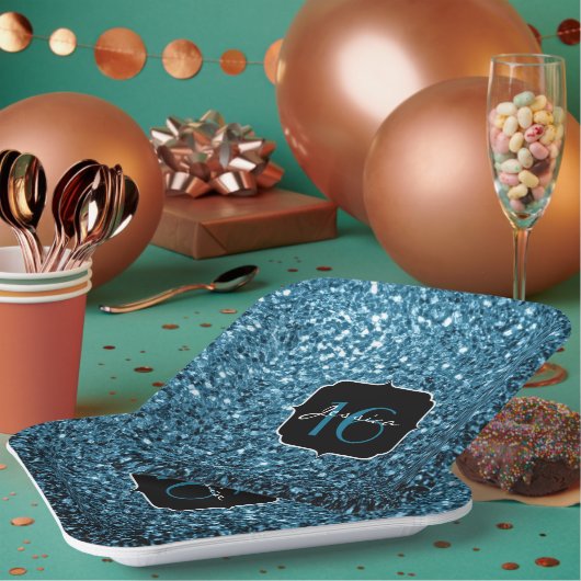 Hellblaue Imitate Glitzer Glitzern Sweet 16 Pappteller (Multi)
