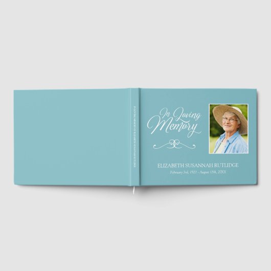 Hellblaue Kalligraphie im Love Memory Foto Gästebuch (Voll)