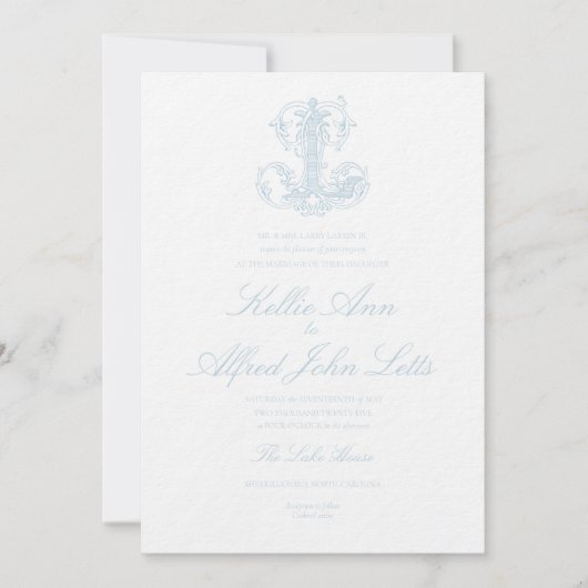Hellblaue "L" Monogramm Hochzeitseinladung Einladung (Vorderseite)