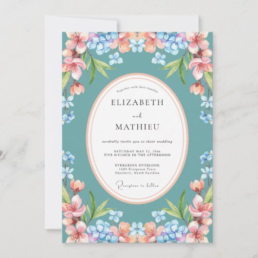 Hellblaue leuchtend botanische Hochzeit Einladung (Vorderseite)
