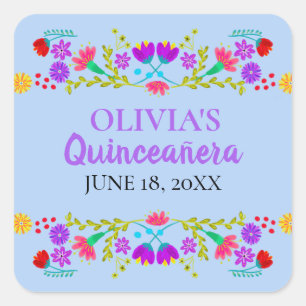 Hellblaue Mis Quince Anos Mexican Fiesta Blumen Quadratischer Aufkleber