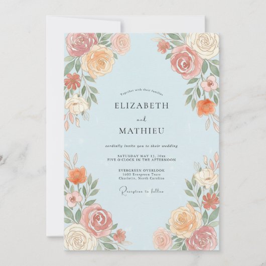 Hellblaue Pfirsich-Botanical-Hochzeit Einladung (Vorderseite)