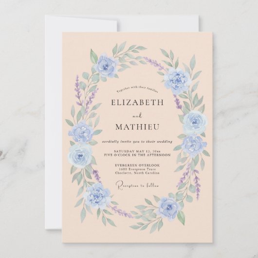 Hellblaue romantische Blumenhochzeit Einladung (Vorderseite)