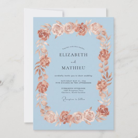 Hellblaue Romantische Rosenhochzeit Einladung (Vorderseite)