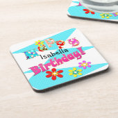 Hellblaue Rosa Kinder Spaß Blume bi Cartoon Getränkeuntersetzer (Linke Seite)