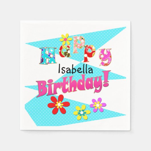 Hellblaue Rosa Kinder Spaß Blume bi Cartoon Serviette (Vorderseite)