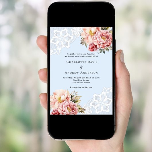 Hellblaue Rosa-Rosa-Goldfloralen verleihen Hochzei Einladung