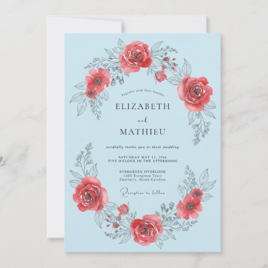 Hellblaue Rose Blossom Hochzeitsromantik Einladung (Vorderseite)