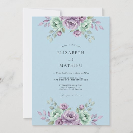 Hellblaue ruhige botanische Hochzeit Einladung (Vorderseite)