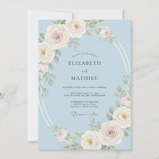 Hellblaue ruhige Rosenhochzeit Einladung (Vorderseite)