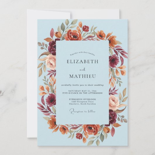 Hellblaue Rustikale Blumenhochzeit Einladung (Vorderseite)