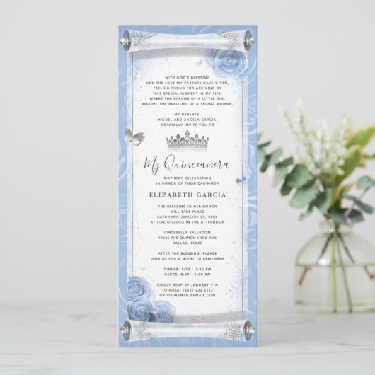 Hellblaue Silver Geburtstag Scroll Einladungskarte Einladung (Stehend Vorderseite)