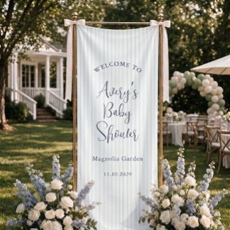 Hellblaue Streifen Elegante Schrift Baby Shower Banner