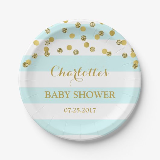 Hellblaue Streifen-Goldconfetti-Babyparty-Platte Pappteller (Vorderseite)