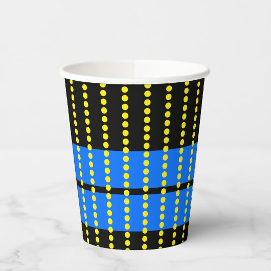Hellblaue Streifen mit gelben Punkten auf schwarz Pappbecher (Links)
