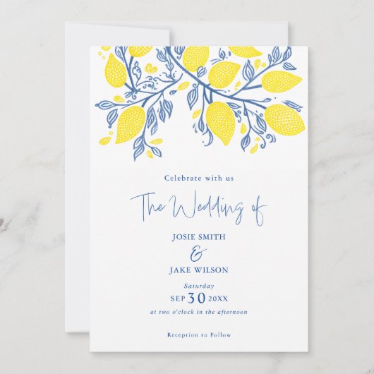 Hellblaue und gelbe Zitronenweine hübsche Hochzeit Einladung (Vorderseite)