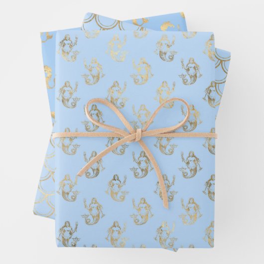Hellblaue und goldene Meerjungfrau-Skala nahtlos Geschenkpapier Set (Beispiel)