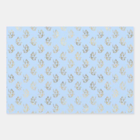 Hellblaue und goldene Meerjungfrau-Skala nahtlos Geschenkpapier Set (Vorderseite)