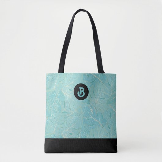 Hellblaue und goldene Palm Blätter Muster Monogram Tasche (Vorderseite)