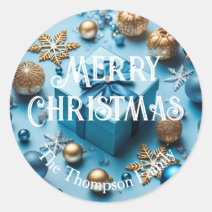 Hellblaue und goldene verpackte Weihnachtsgeschenk Runder Aufkleber