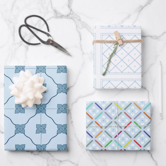 Hellblaue und weiße Fliesen Geschenkpapier Set (Vorderseite)