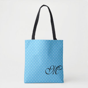 Hellblaue und weiße Polka-Dot-Monogramm Tasche