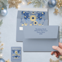 Hellblaue Volkskunst-Weihnachtskarte mit zwei Taub