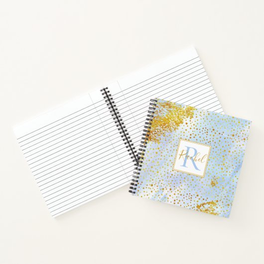 Hellblaue Wasserfarbe, Goldfetti-Monogramm Notizblock (Innenseite)