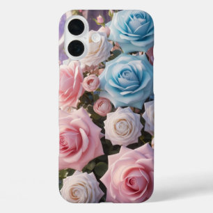 Hellblaue, weiße und rosa Rosen iPhone 16 Plus Hülle