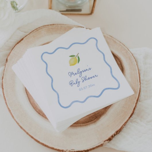 Hellblaue wellige Umrandung Lemones Süße Babyparty Serviette