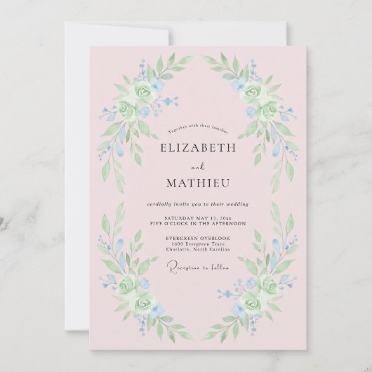 Hellblaue Whimsical Florale Hochzeit Einladung (Vorderseite)