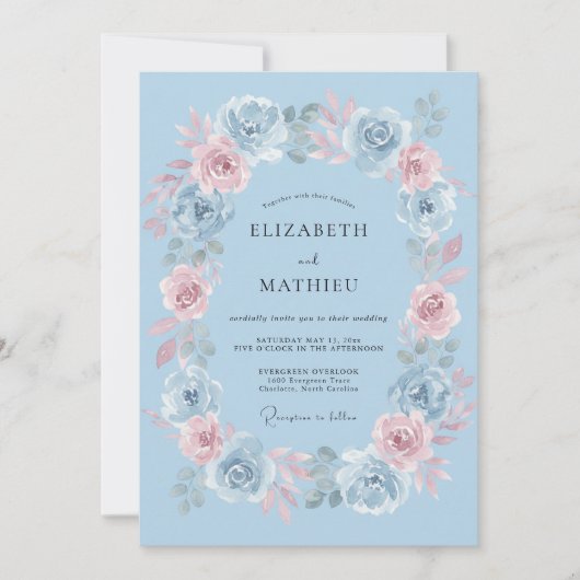 Hellblaue zarte florale Hochzeit Einladung (Vorderseite)