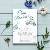 Hellblauer Babyscooter Ciao Bambino Dusche Einladung