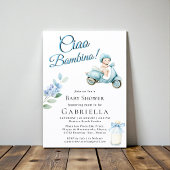 Hellblauer Babyscooter Ciao Bambino Dusche Einladung