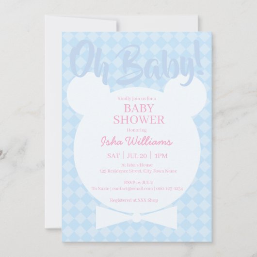 Hellblauer Bär mit Fliege Oh Baby Shower Einladung (Vorderseite)